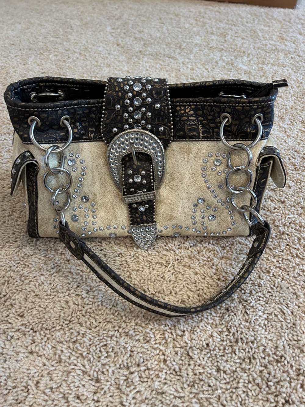 Studded Western Rhinestone Buckle Shoulder Bag | Boho Glam Statement Purse